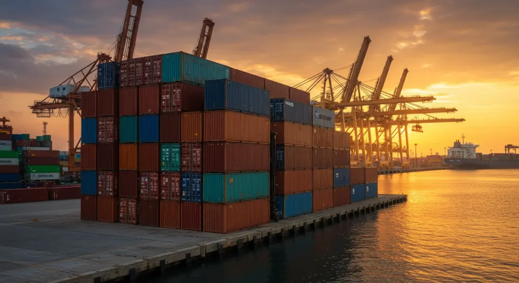 Stacked cargo containers at shipping port during sunset with cranes in the background