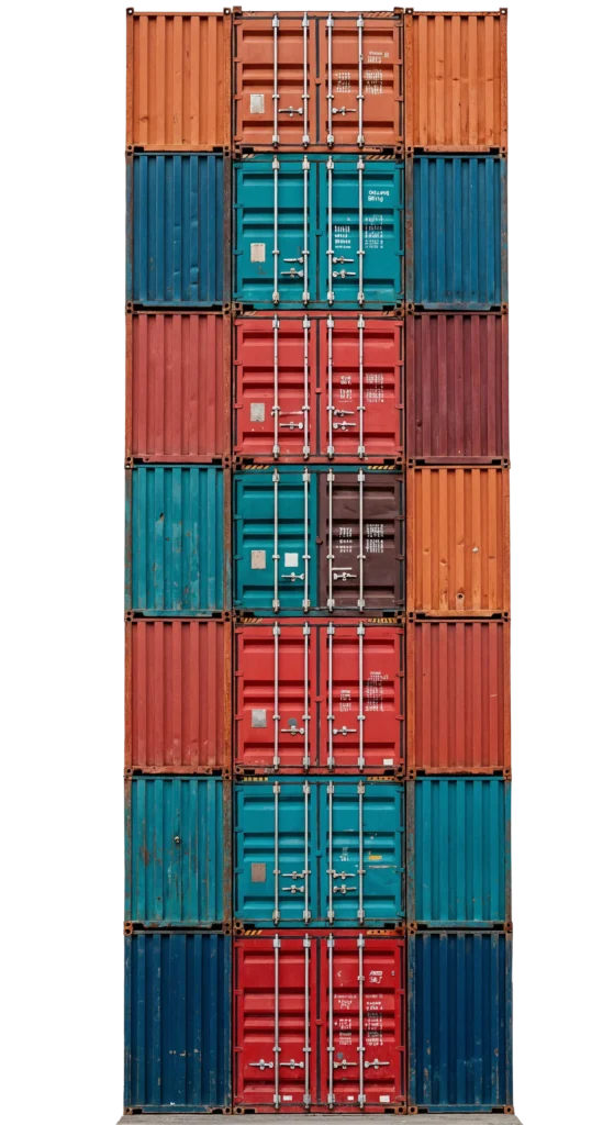 Vertical stack of colorful cargo containers in red, blue, and orange tones on transparent background