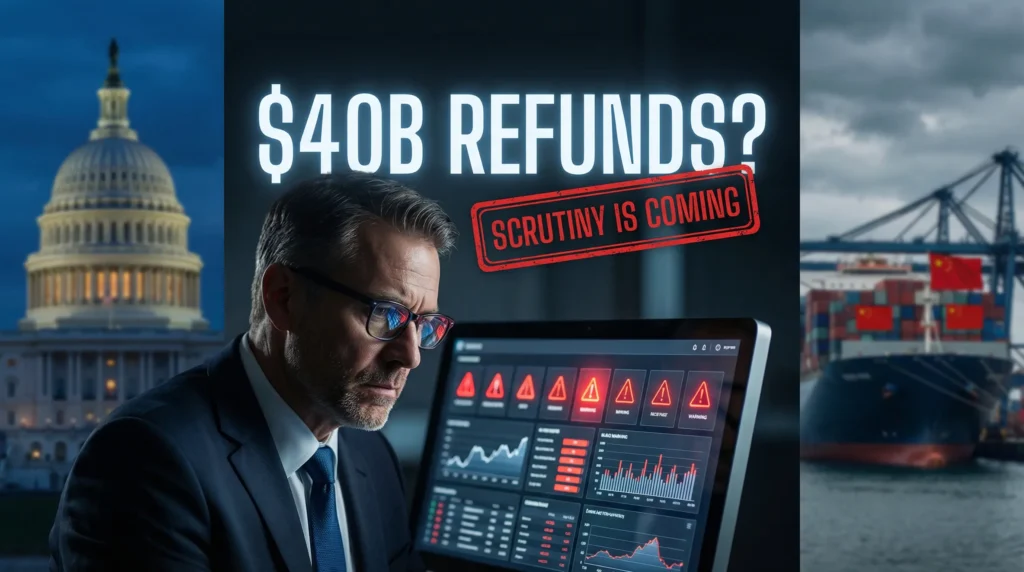 Trade strategist analyzing risk dashboard with U.S. Capitol and China cargo ship representing tariff refunds and import scrutiny