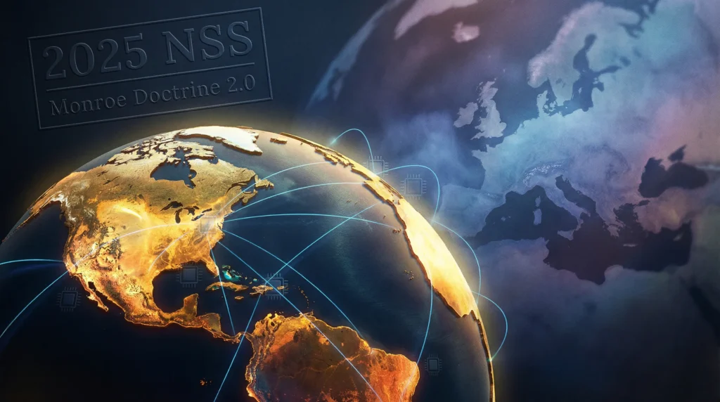 Illustration of the Americas and Europe connected by global strategic networks representing the 2025 National Security Strategy and Monroe Doctrine 2.0