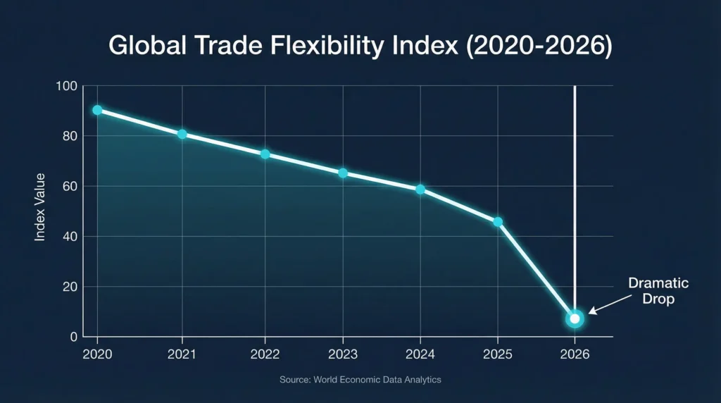 Graph showing declining global trade flexibility from 2020 to 2026 with sharp drop