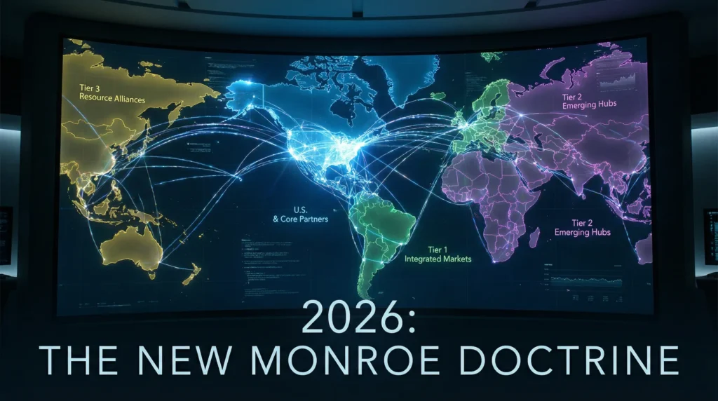 Futuristic geopolitical map showing four tiers of US trade partnerships in 2026, with the Western Hemisphere as Tier 1 integrated markets, strategic allies as Tier 2, China in Tier 3 penalty box, and Europe as Tier 4 losing priority