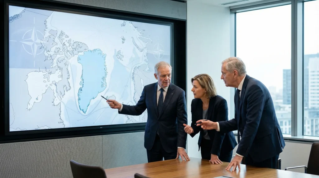 Business leaders reviewing an Arctic map with Greenland highlighted during a strategic risk discussion