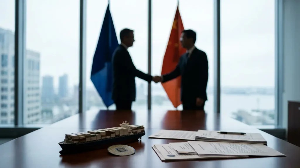 Concept image representing U.S.–China negotiations shaped by trade, technology, energy, and Taiwan risk guardrails.